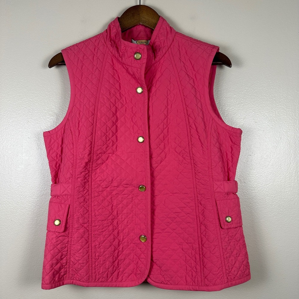 Talbots Women's M Vest Pink Quilted Diamond Snap Front Gold Buttons
